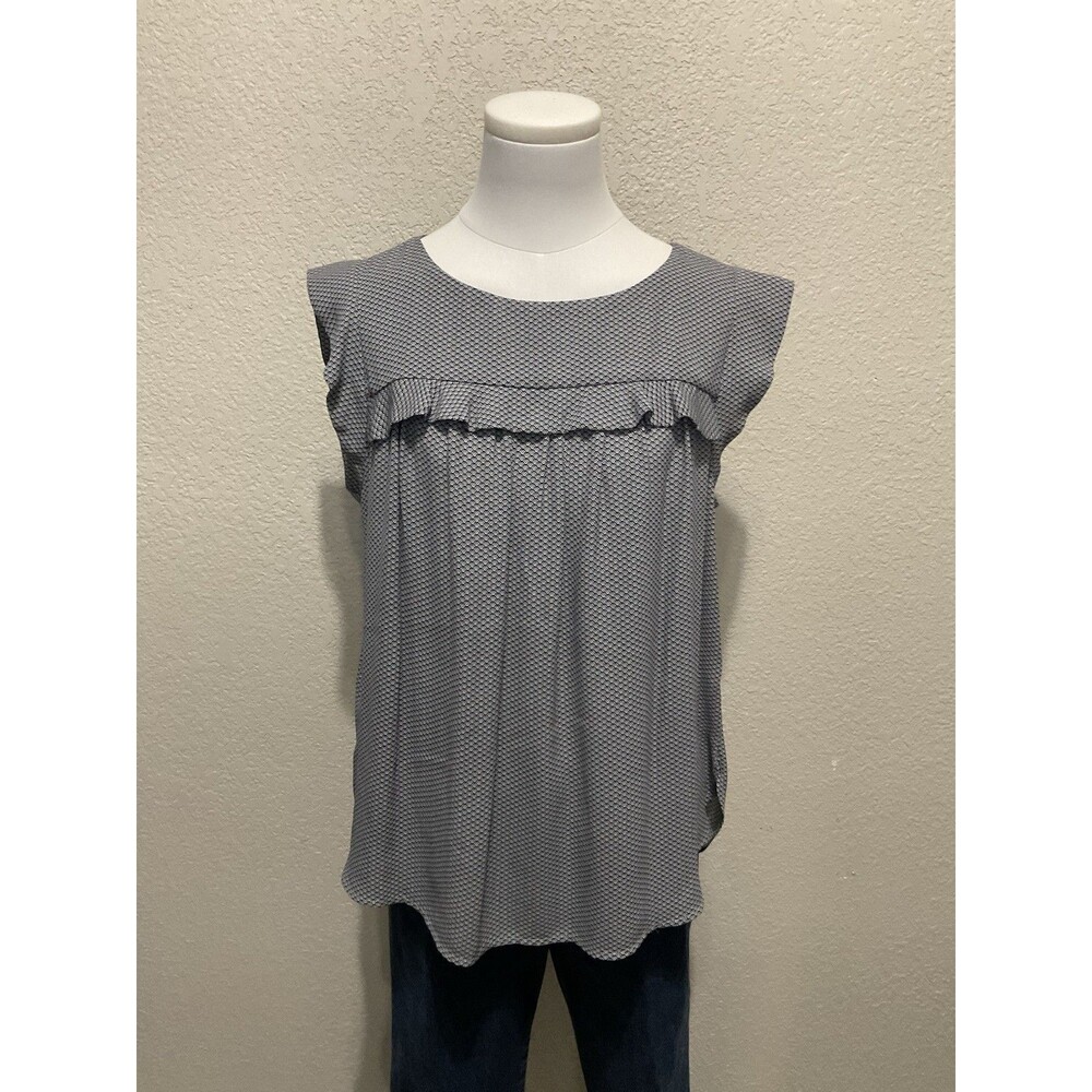 LOFT, Sleeveless Blouse, Pleated And Ruffle Details, Navy And White, Size: M - Picture 2 of 6